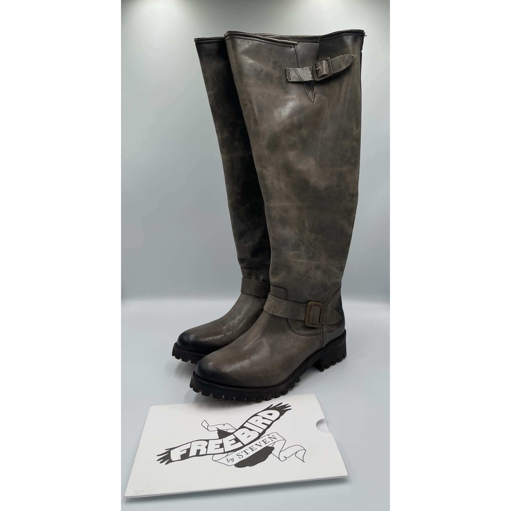 Freebird by Steven Battle Tall Leather Boots Stone Grey Distressed Lug Sole 8